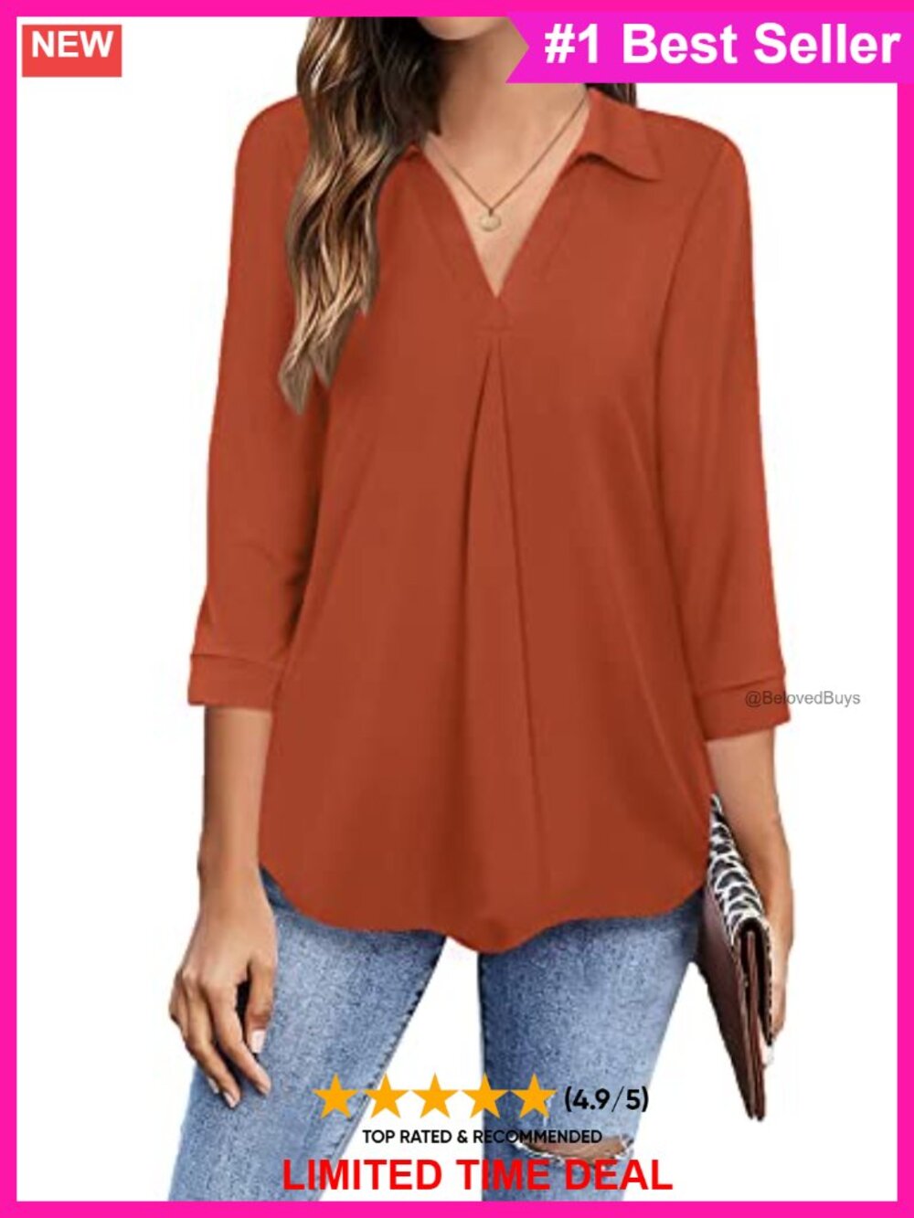 Womens 3/4 Sleeve V-Neck Collared Blouse Business Casual Pleated Top